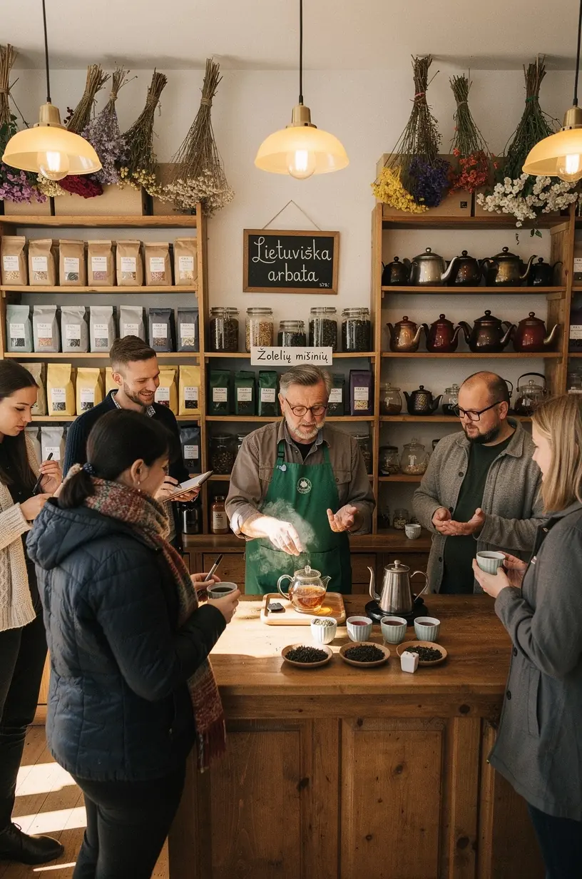 Arbatos ritualo žingsniai ant stalo, vaizduojantys edukacinį požiūrį į arbatos gėrimą