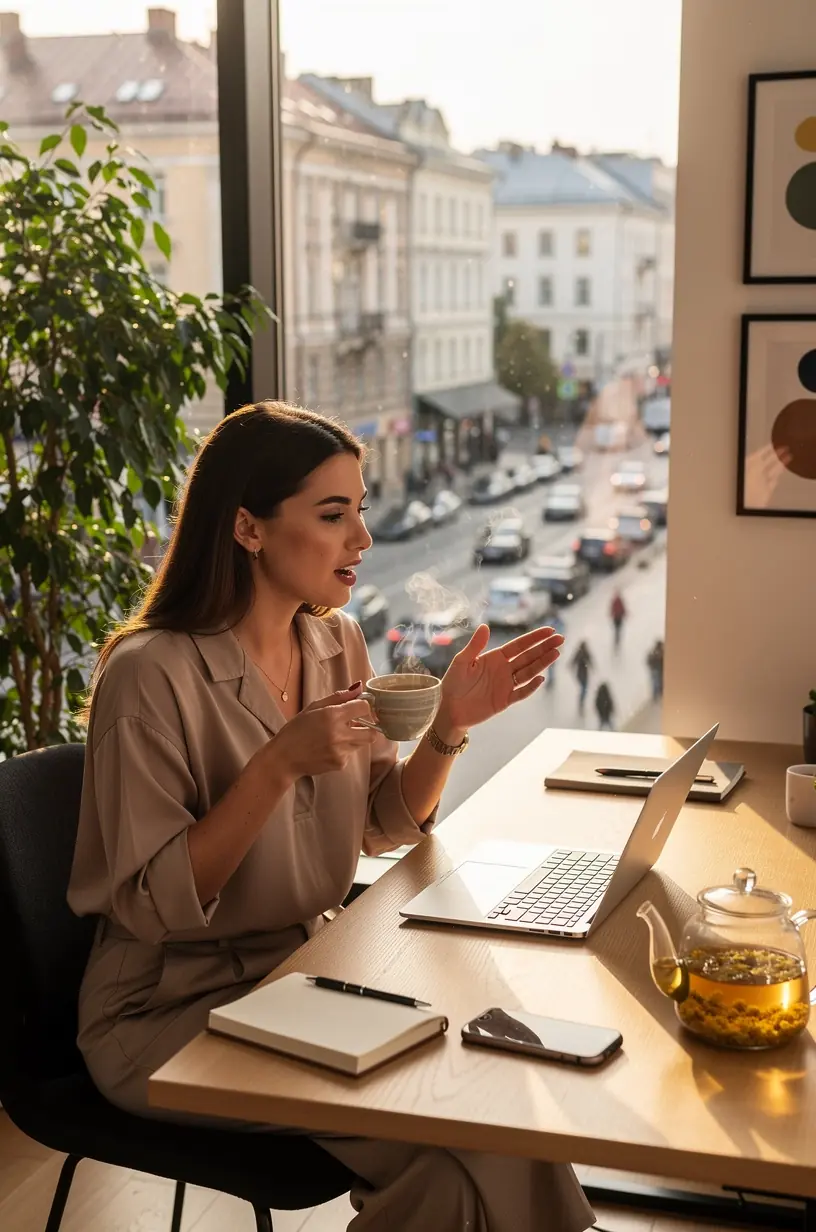 Asmuo užrašantis pastabas apie arbatos vartojimą, atspindintis praktinius patarimus kasdieniam gyvenimui