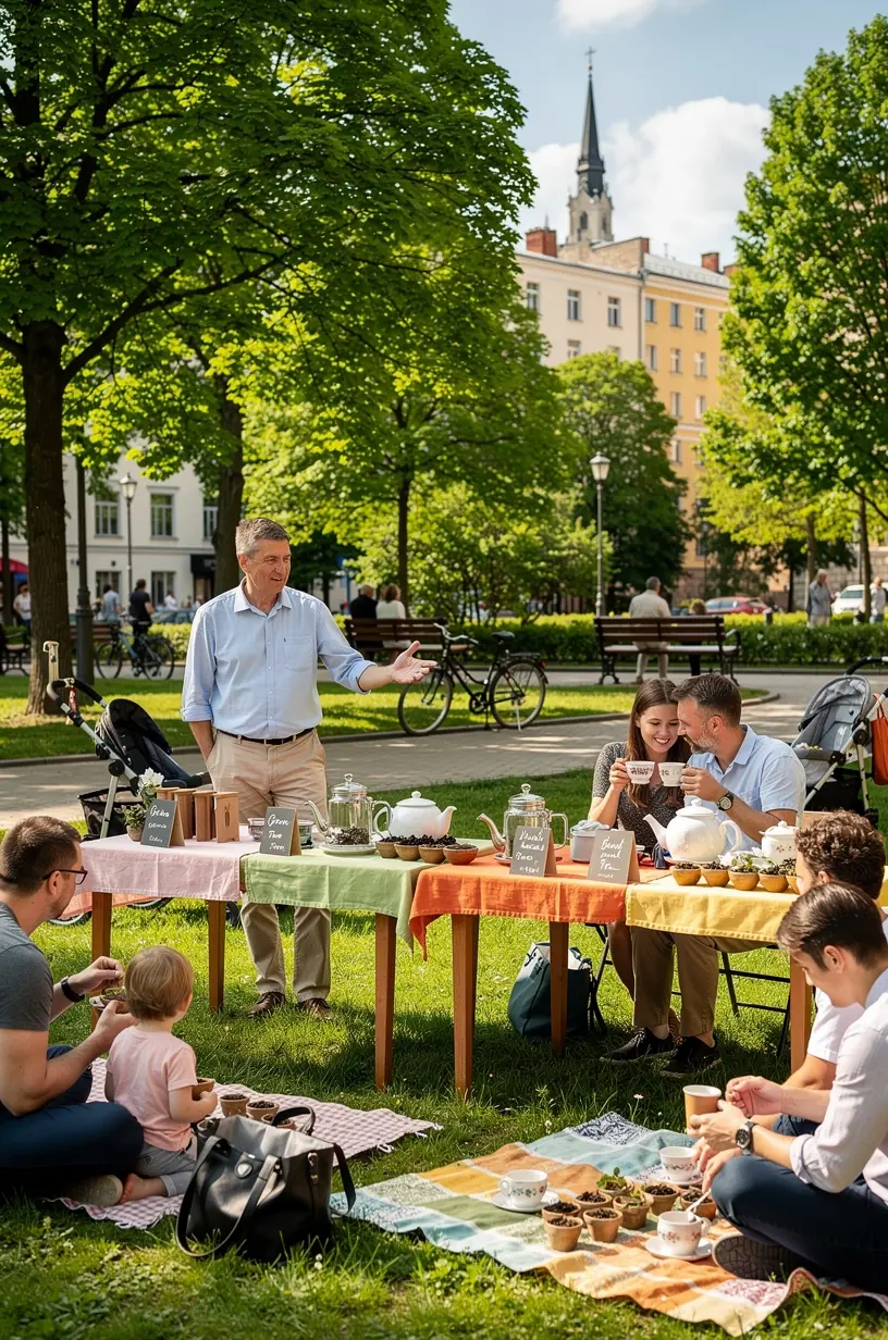 Stilingas arbatos rinkinys ant medinio paviršiaus, reprezentuojantis subalansuotą ir atsakingą gyvenimo būdą