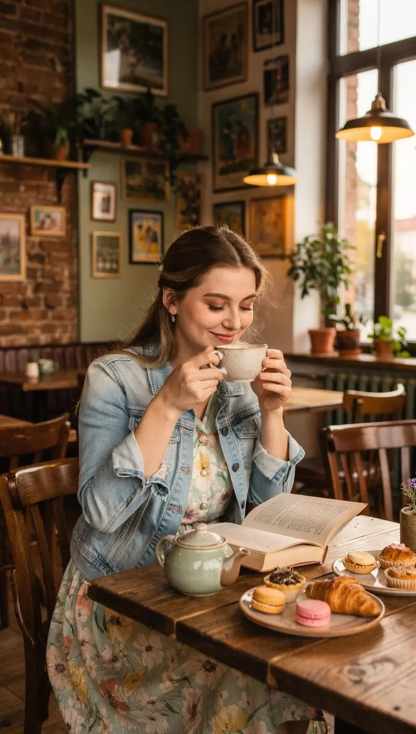 Arbatos puodelis ant stalo šalia atverstos knygos, simbolizuojantis subalansuotą arbatos vartojimą kasdienybėje