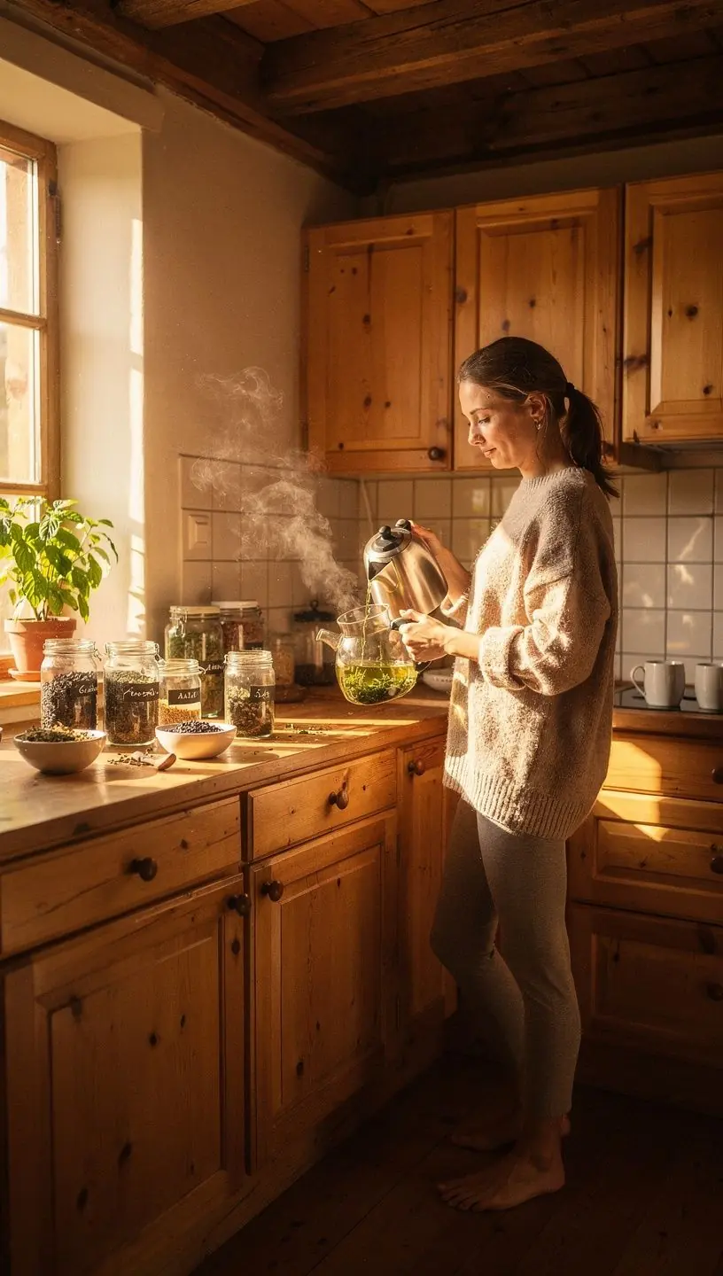 Arbatos lapeliai ir stiklinė vandens, iliustruojantys sveikatos ir atsakingo vartojimo svarbą